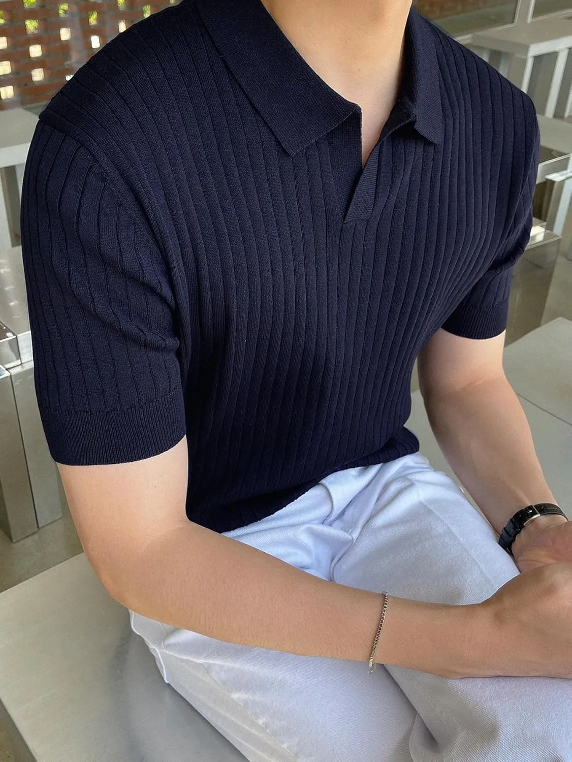 COZYEASE Men's Ribbed Knit Top V Neck Short Sleeve T Shirt Casual Plain Solid Tees Top Shirt