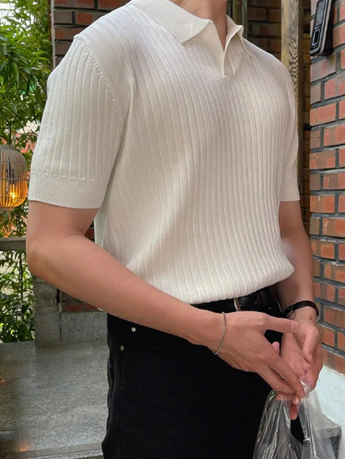 COZYEASE Men's Ribbed Knit Top V Neck Short Sleeve T Shirt Casual Plain Solid Tees Top Shirt