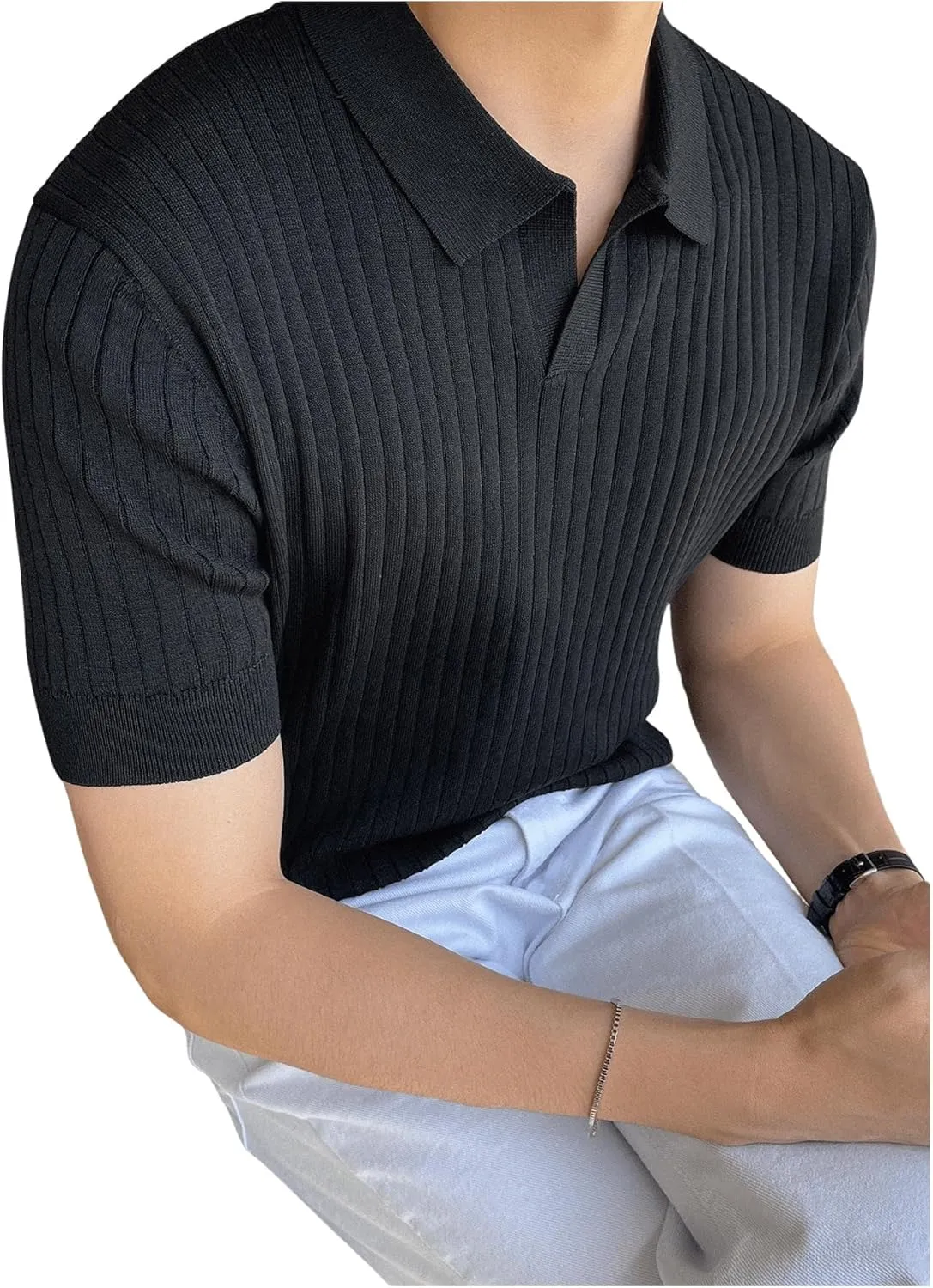 COZYEASE Men's Ribbed Knit Top V Neck Short Sleeve T Shirt Casual Plain Solid Tees Top Shirt