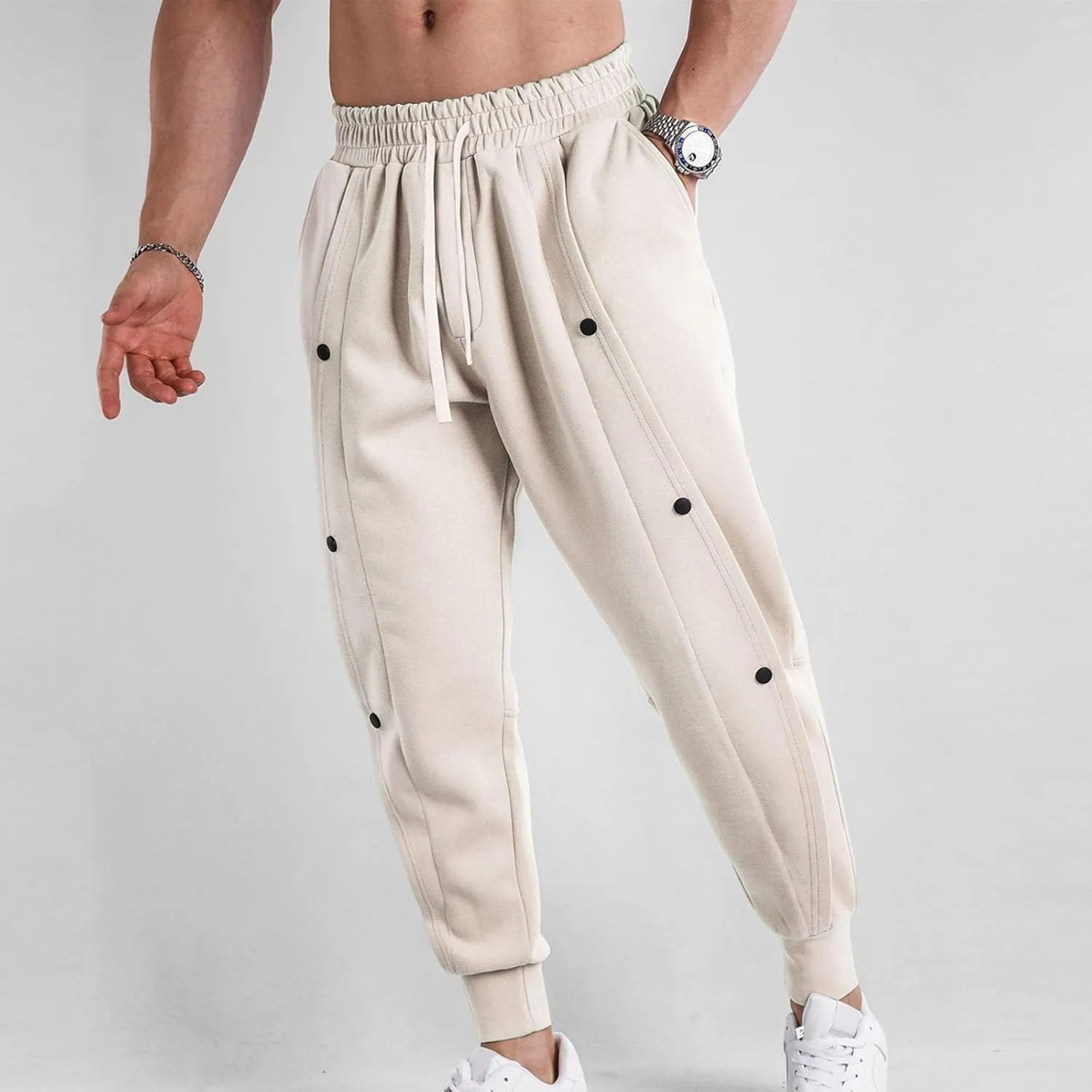CRNTCEM Men's Button Track Pants Tapered Leg Athletic Joggers Elastic Waisted Workout Running Gym Sweatpants with Pockets