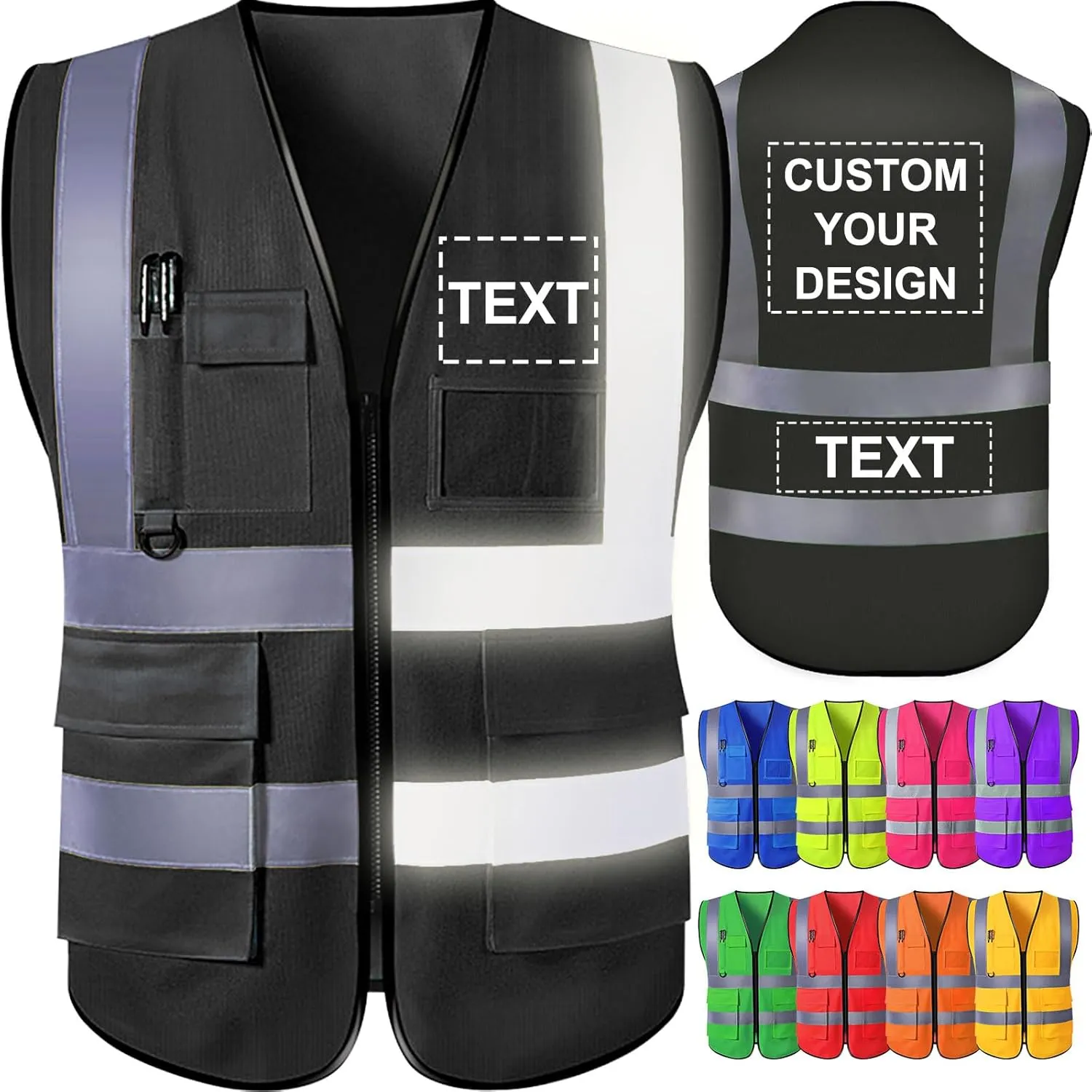 Custom Safety Vest for Men with Logo Pockets High Visibility Reflective Vests Construction Security Workwear