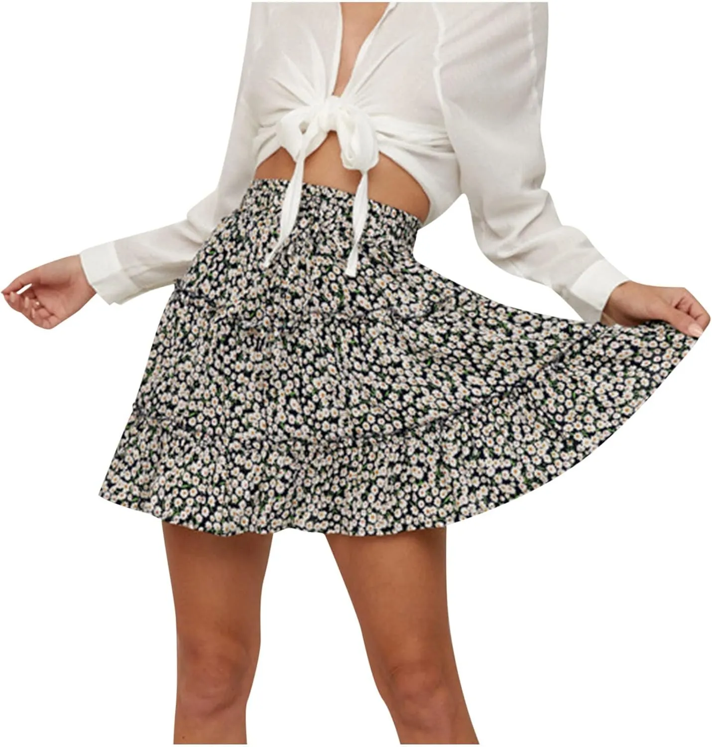 Cute Boho Floral Mini Skirt for Women Summer Drawstring High Waisted A-Line Skirts Layered Ruffle Casual Beach Skirt