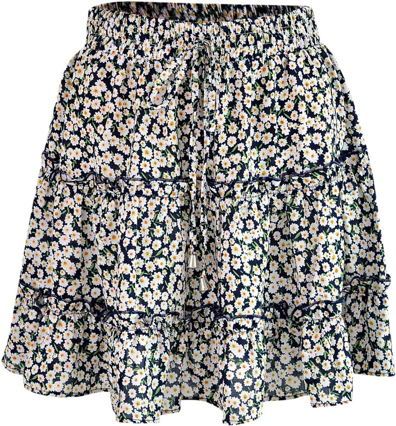 Cute Boho Floral Mini Skirt for Women Summer Drawstring High Waisted A-Line Skirts Layered Ruffle Casual Beach Skirt
