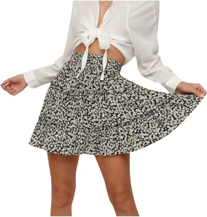 Cute Boho Floral Mini Skirt for Women Summer Drawstring High Waisted A-Line Skirts Layered Ruffle Casual Beach Skirt