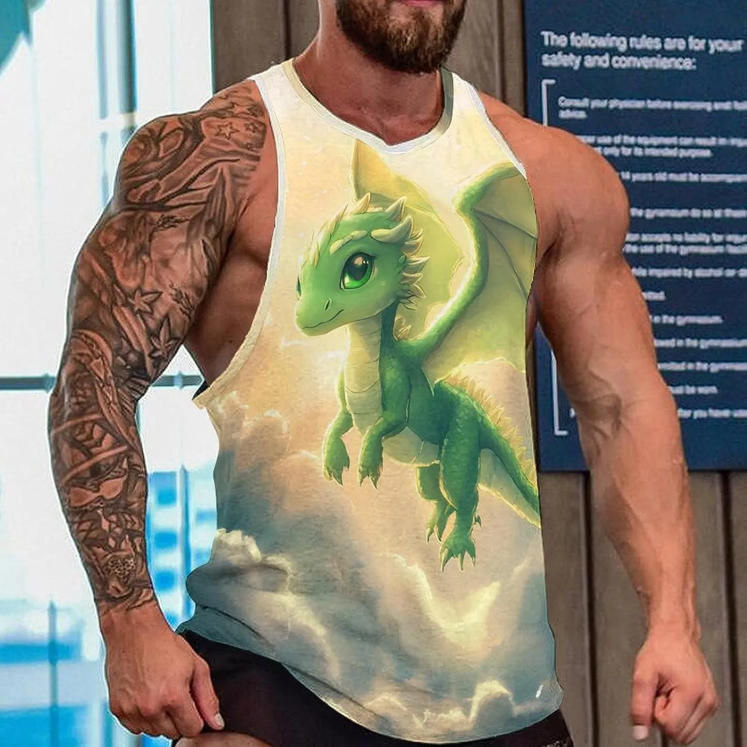 Cute Green Dragon Flying Men's Activewear Tank Tops Gym Sleeveless Muscle T Shirts Workout Tees Vest