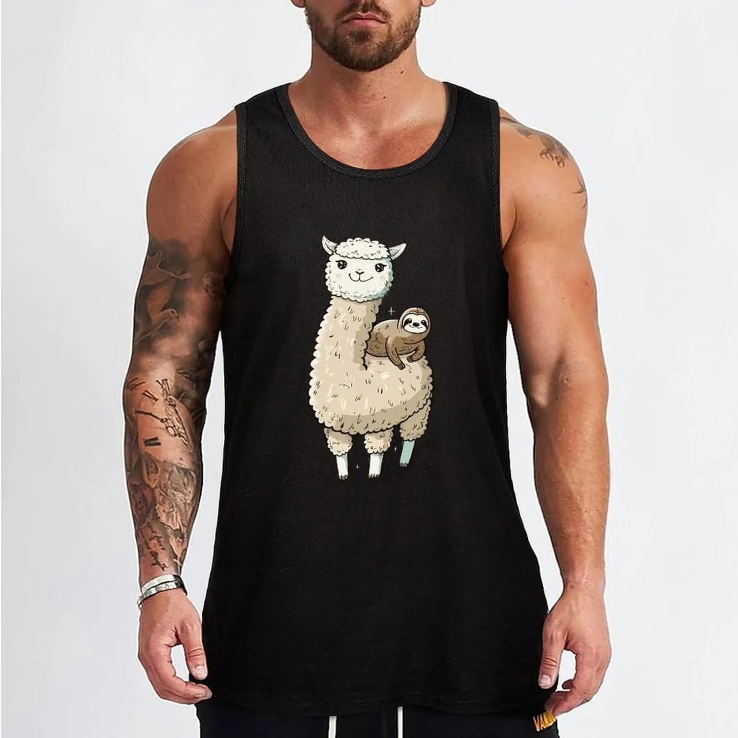 Cute Sloth Alpaca Llama Mens Tank Top Cotton Undershirt Crewneck Sleeveless Shirt for Summer