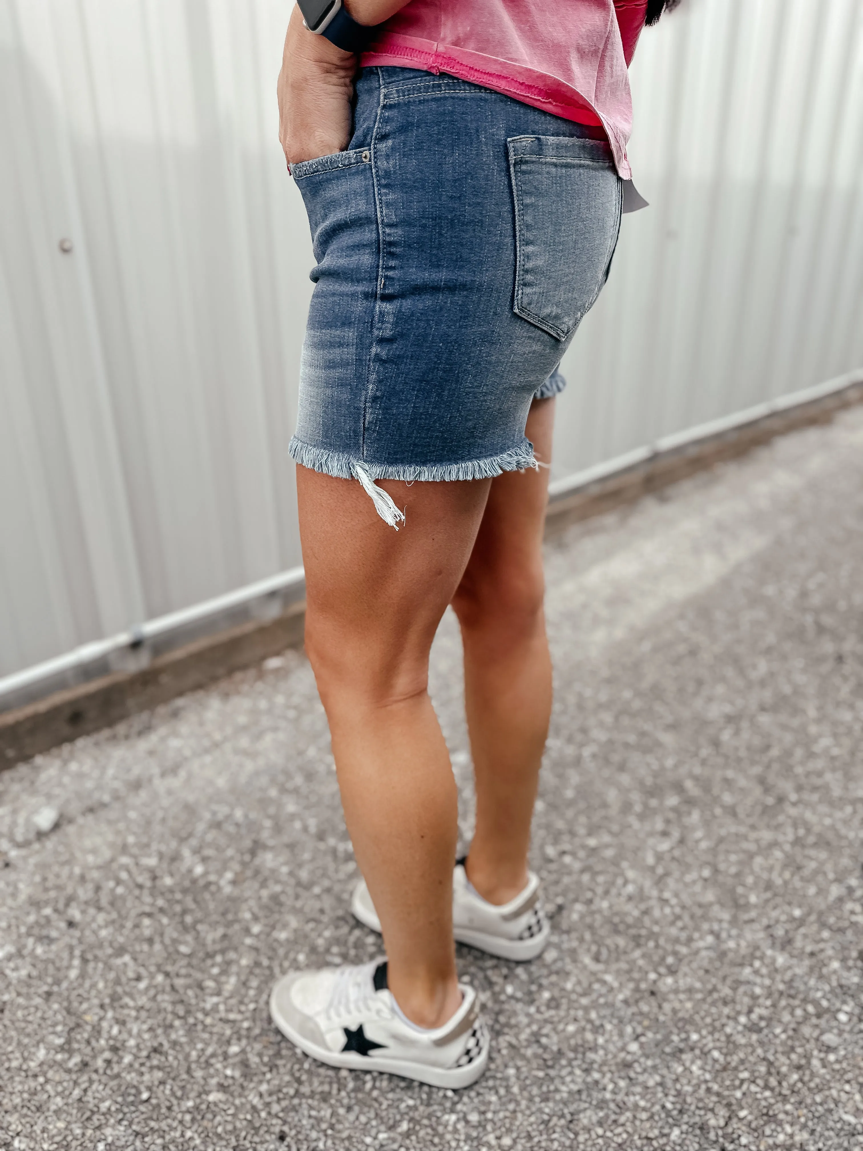 Dave Mid Rise Fray Hem Denim Shorts