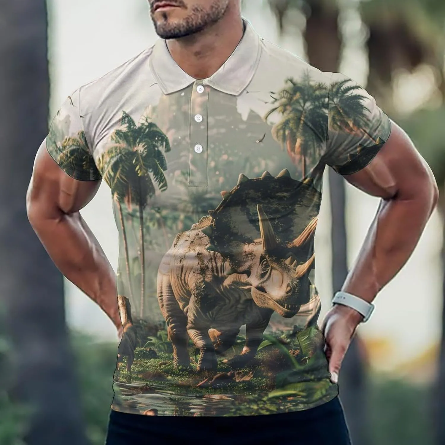 Dinosaurs Triceratops Mens Polo Shirts Quick Dry Short Sleeve T-shirts Slim Tennis Collared Tees Tops