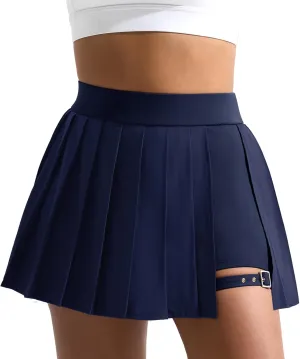 Dokuritu Pleated Skirts for Women with Short High Waist Asymmetrical Tennis Athletic Skort Party Mini Skirt with Pockets