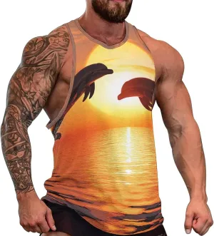 Dolphins Sunset Men's Activewear Tank Tops Gym Sleeveless Muscle T Shirts Workout Tees Vest