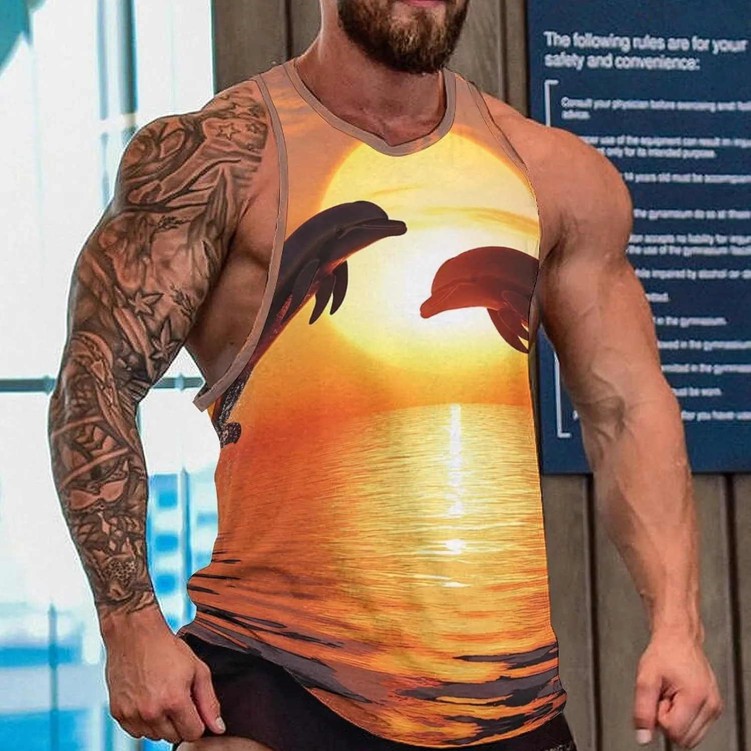 Dolphins Sunset Men's Activewear Tank Tops Gym Sleeveless Muscle T Shirts Workout Tees Vest