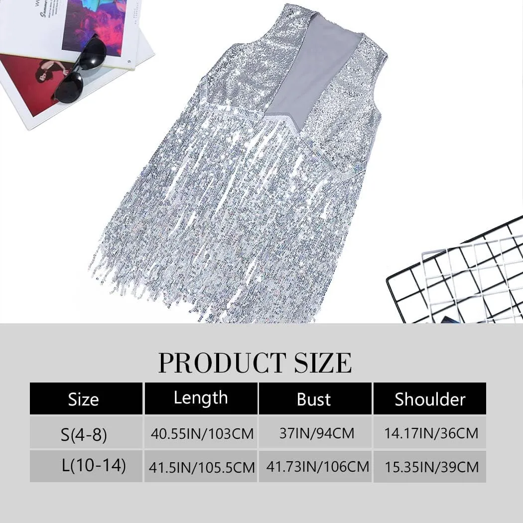 DRESBE Women's Sequin Fringe Vest Silver Long Tassel Vests Open Front Sleeveless Party Club Costume