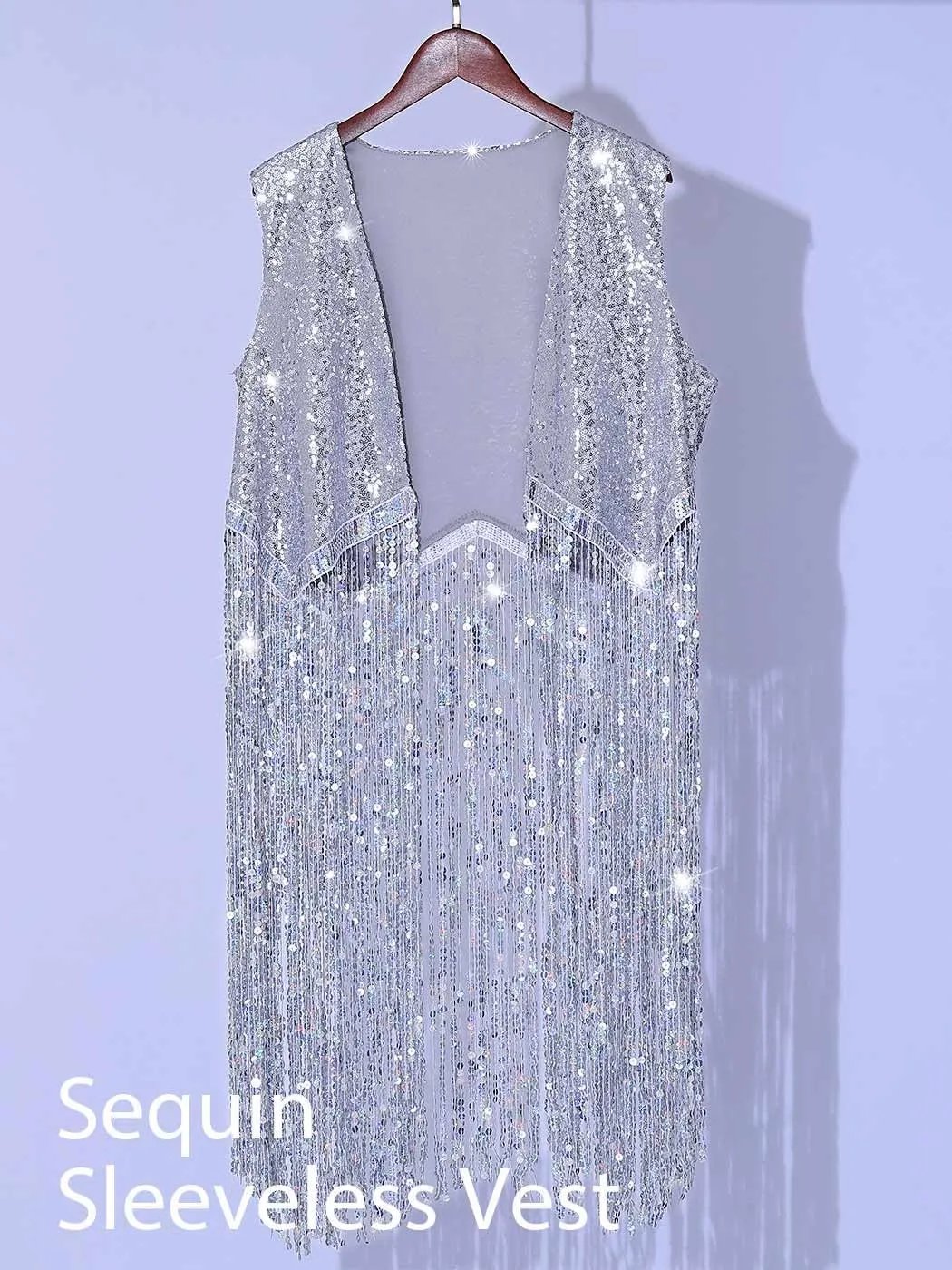 DRESBE Women's Sequin Fringe Vest Silver Long Tassel Vests Open Front Sleeveless Party Club Costume