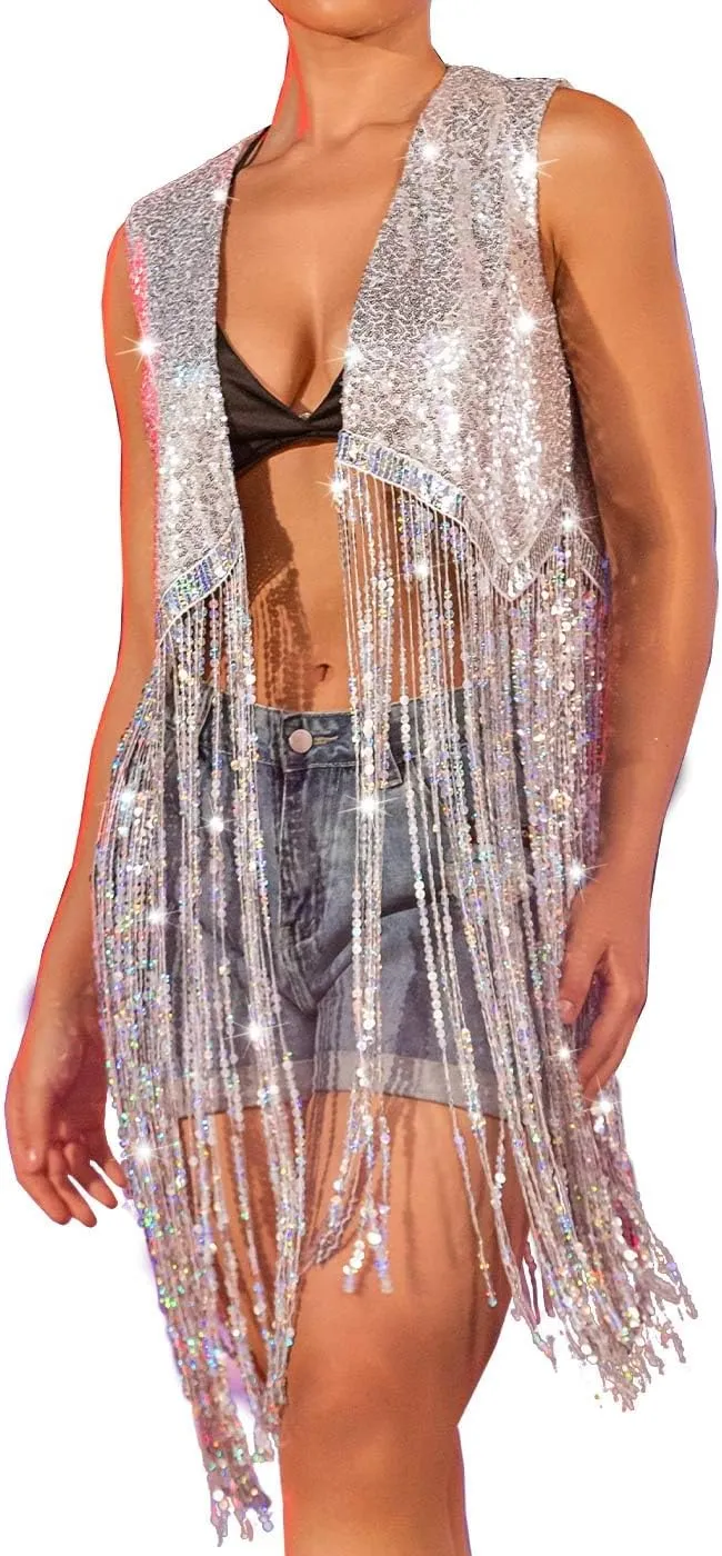 DRESBE Women's Sequin Fringe Vest Silver Long Tassel Vests Open Front Sleeveless Party Club Costume