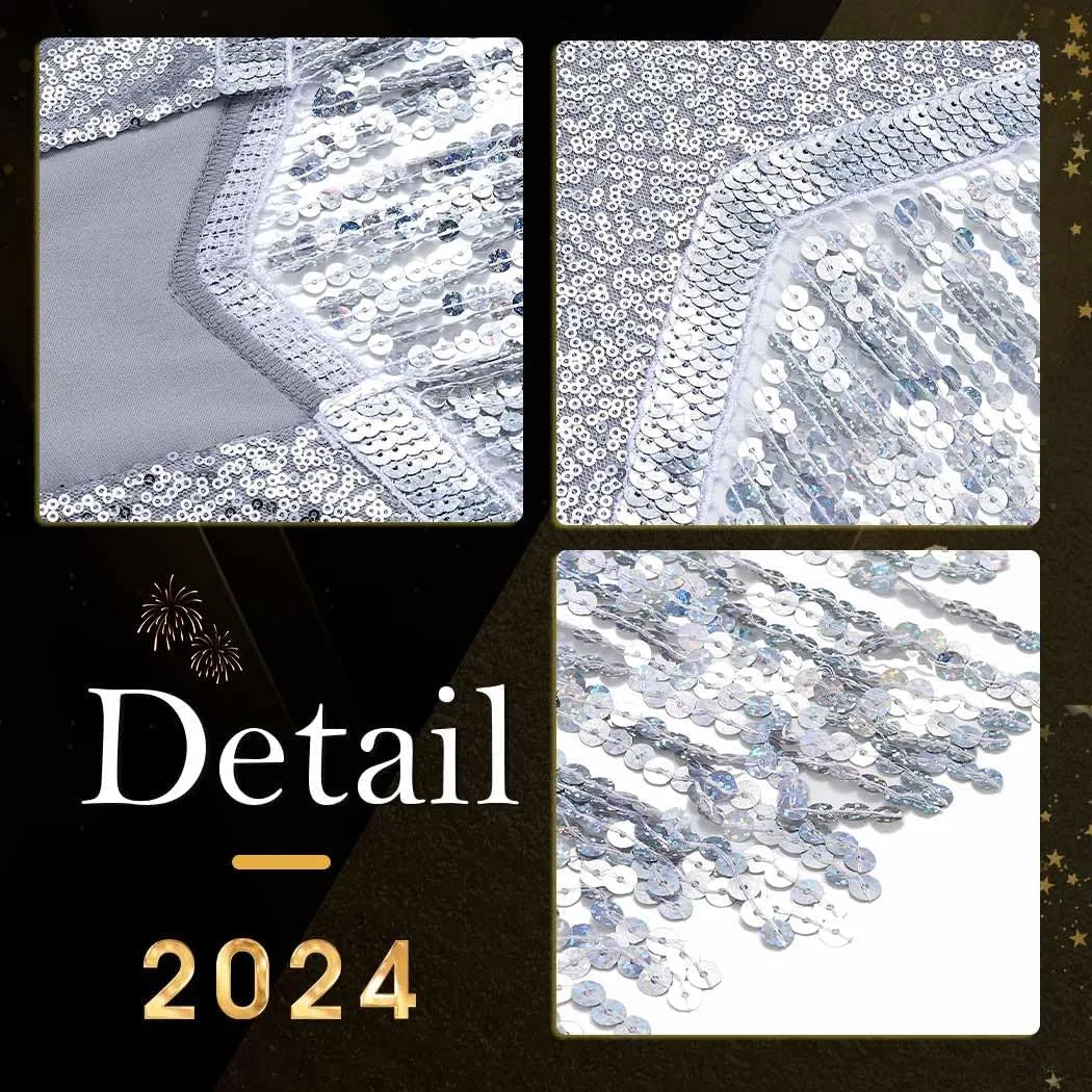DRESBE Women's Sequin Fringe Vest Silver Long Tassel Vests Open Front Sleeveless Party Club Costume