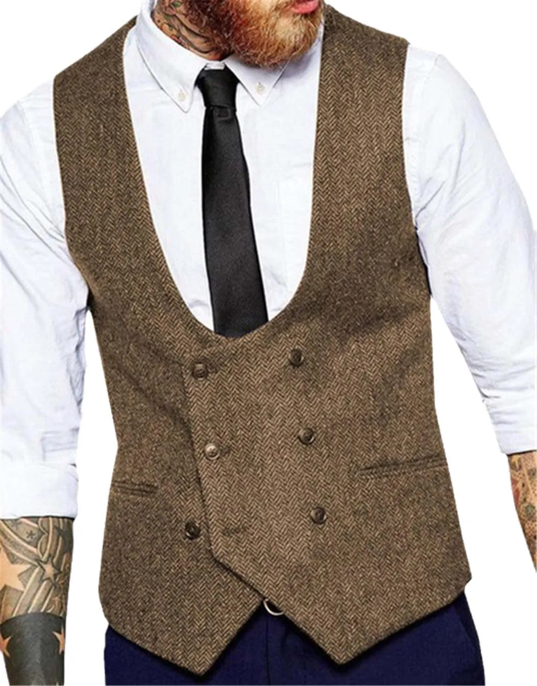 Dvbfufv Men's Suit Vest U-Neck Wool Herringbone Tweed Waistcoat Jacket Silm Fit Casual Formal Wedding Vests