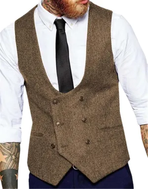 Dvbfufv Men's Suit Vest U-Neck Wool Herringbone Tweed Waistcoat Jacket Silm Fit Casual Formal Wedding Vests