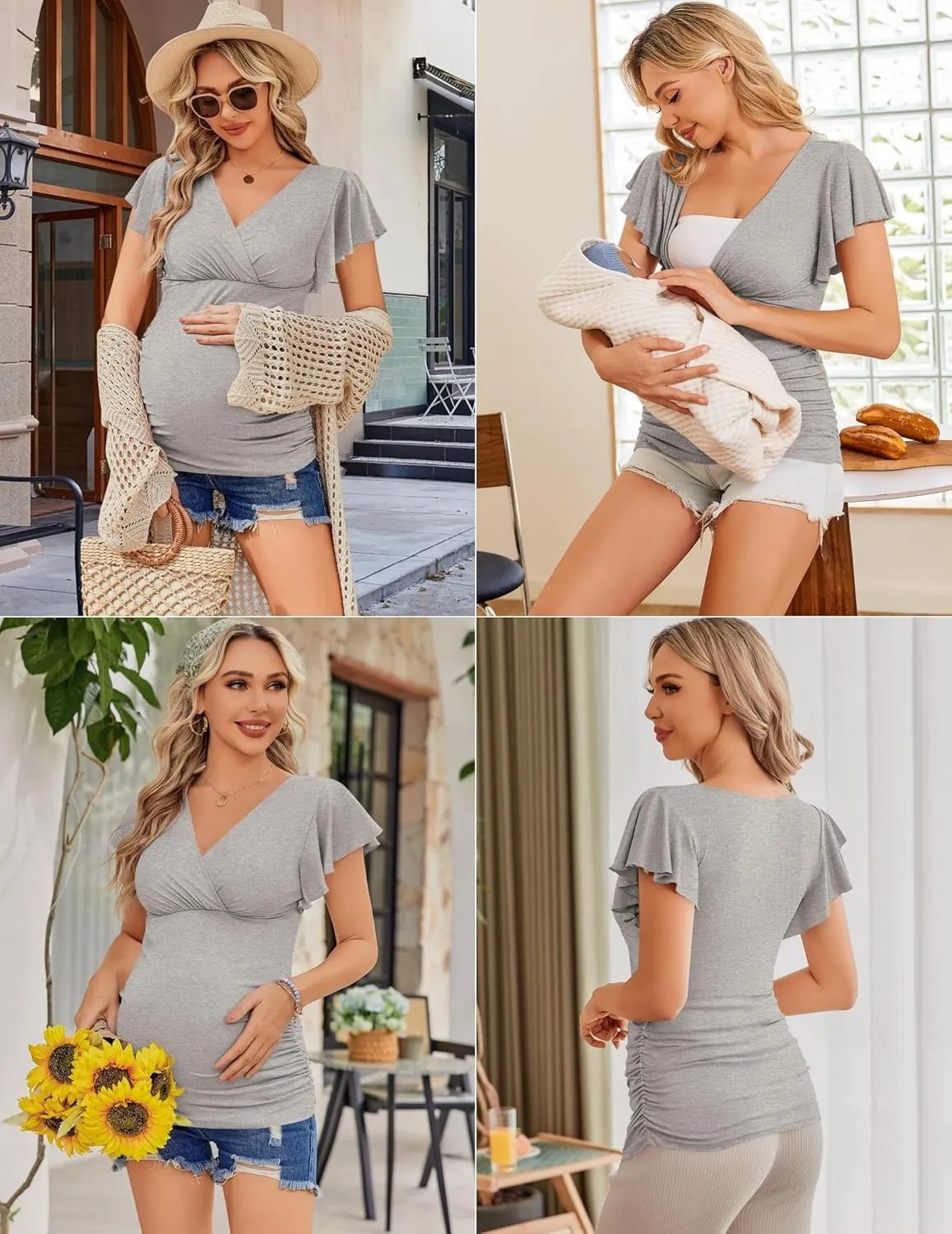 Ekouaer Women's Maternity Shirts 3 Packs Nursing Tops Flying Short Sleeve Breastfeeding Tees Side Ruched Pregnancy Clothes