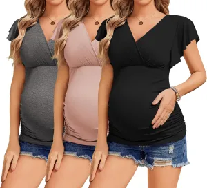 Ekouaer Women's Maternity Shirts 3 Packs Nursing Tops Flying Short Sleeve Breastfeeding Tees Side Ruched Pregnancy Clothes