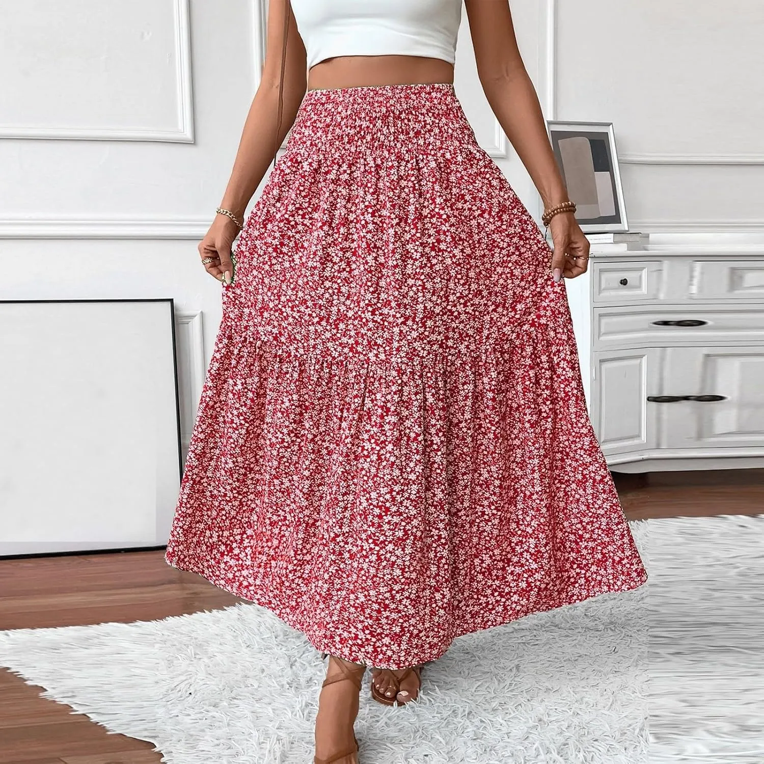 Elastic High Waist Flowy Maxi Skirts Women Boho Floral Tiered Pleated Summer Casual Long Beach Skirt
