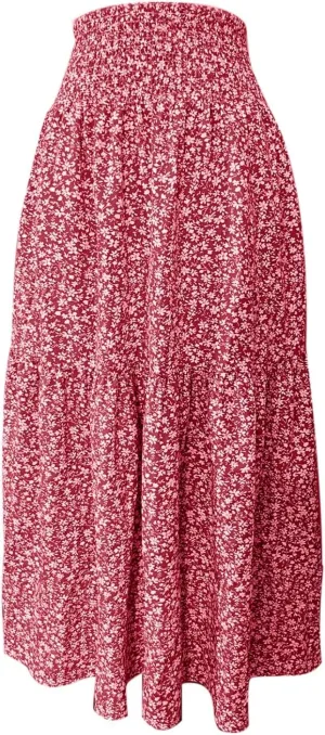 Elastic High Waist Flowy Maxi Skirts Women Boho Floral Tiered Pleated Summer Casual Long Beach Skirt