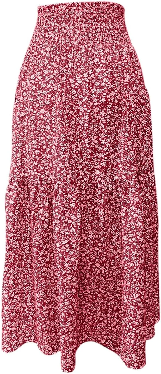 Elastic High Waist Flowy Maxi Skirts Women Boho Floral Tiered Pleated Summer Casual Long Beach Skirt