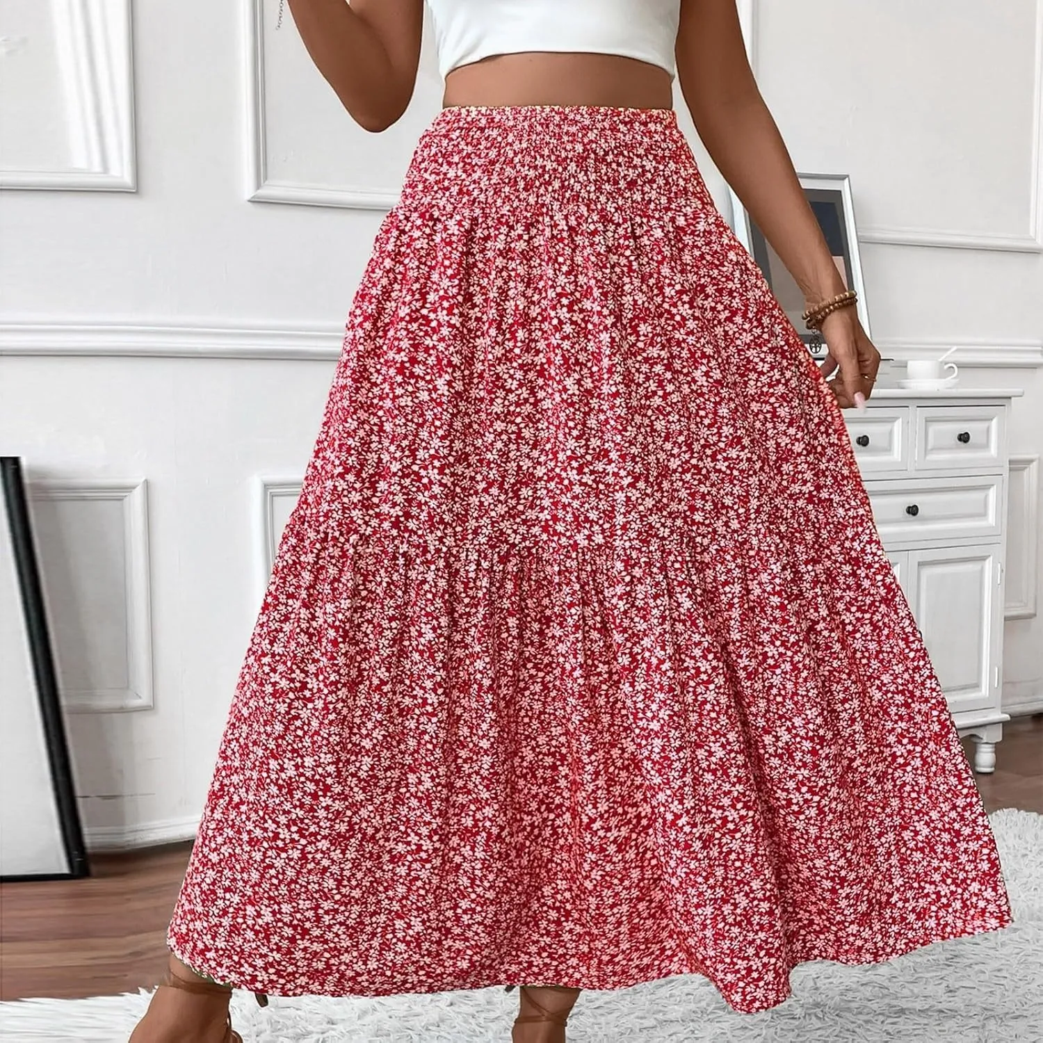 Elastic High Waist Flowy Maxi Skirts Women Boho Floral Tiered Pleated Summer Casual Long Beach Skirt