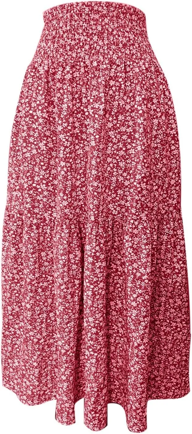 Elastic High Waist Flowy Maxi Skirts Women Boho Floral Tiered Pleated Summer Casual Long Beach Skirt
