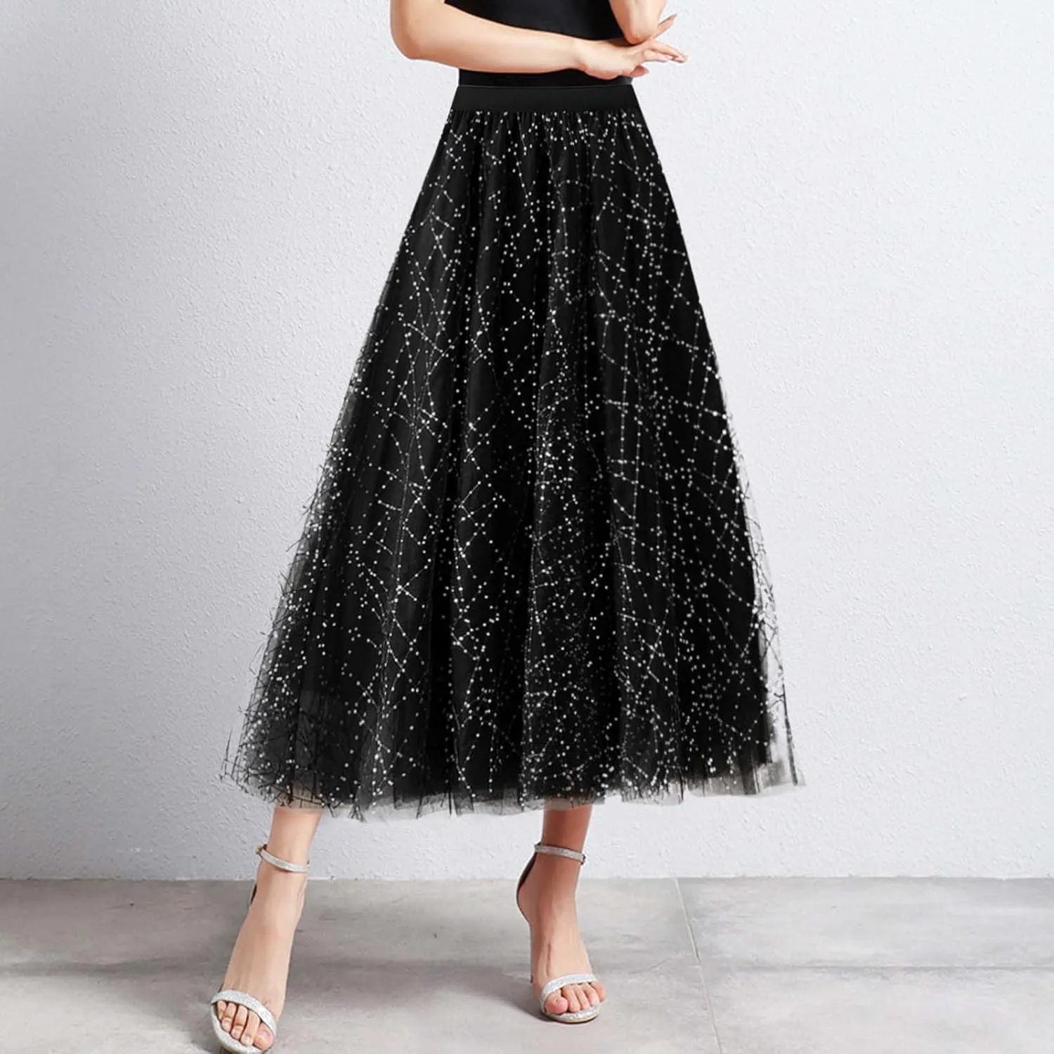 Fashion Skirts for Women 2024 Trendy Women Mid Length Sequin Skirt Dance Party A Line High Waisted Tulle Skirt