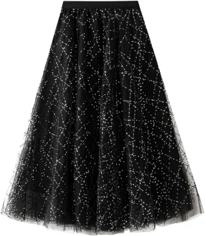 Fashion Skirts for Women 2024 Trendy Women Mid Length Sequin Skirt Dance Party A Line High Waisted Tulle Skirt