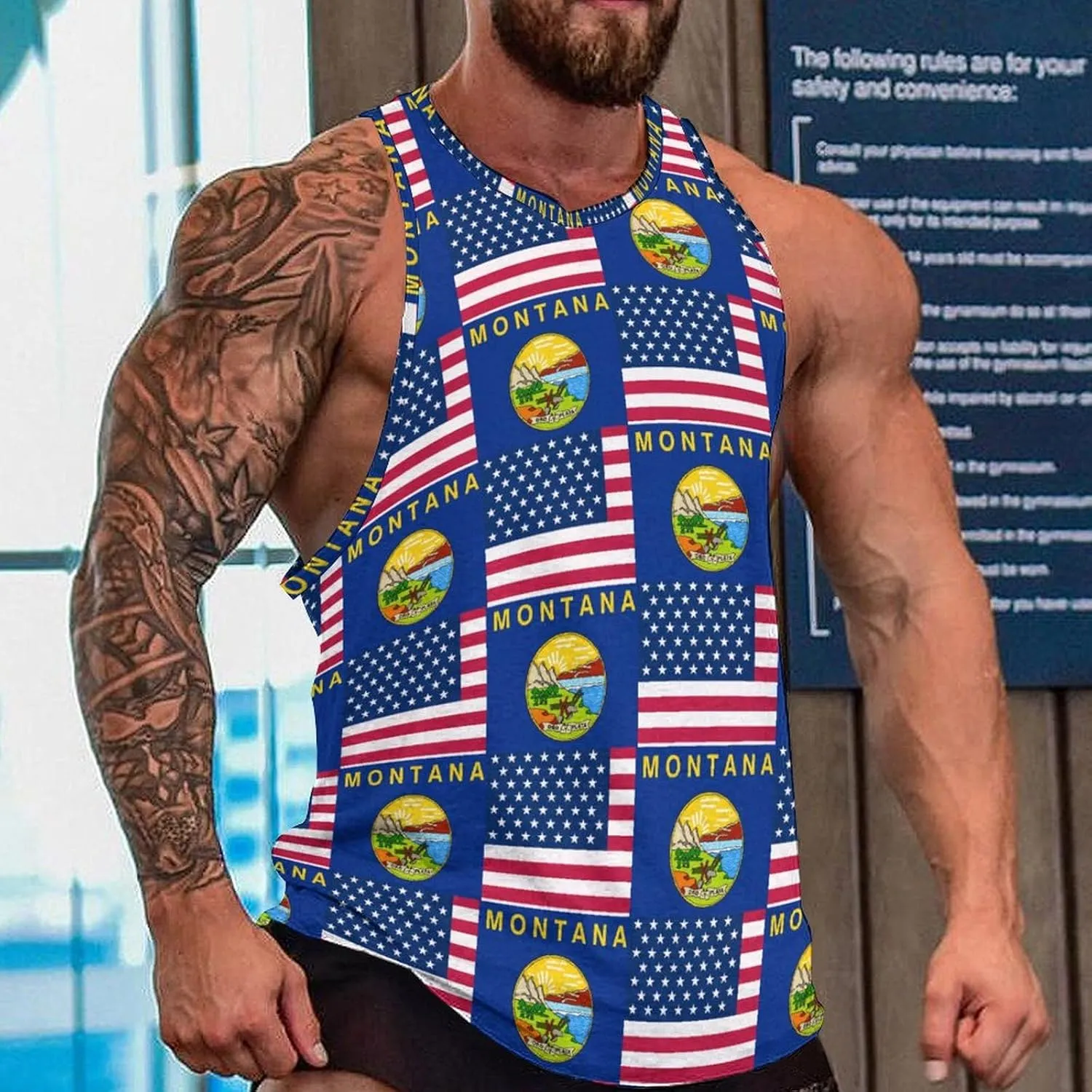 Flag of U.S.A And Montana Men's Activewear Tank Tops Gym Sleeveless Muscle T Shirts Workout Tees Vest