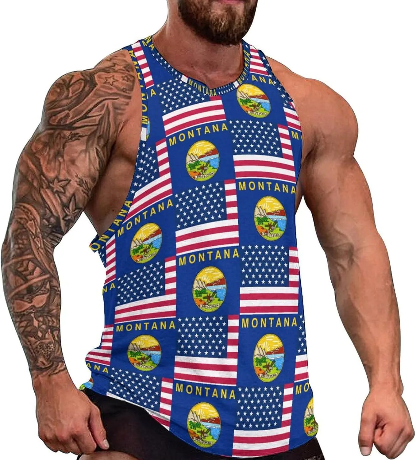 Flag of U.S.A And Montana Men's Activewear Tank Tops Gym Sleeveless Muscle T Shirts Workout Tees Vest
