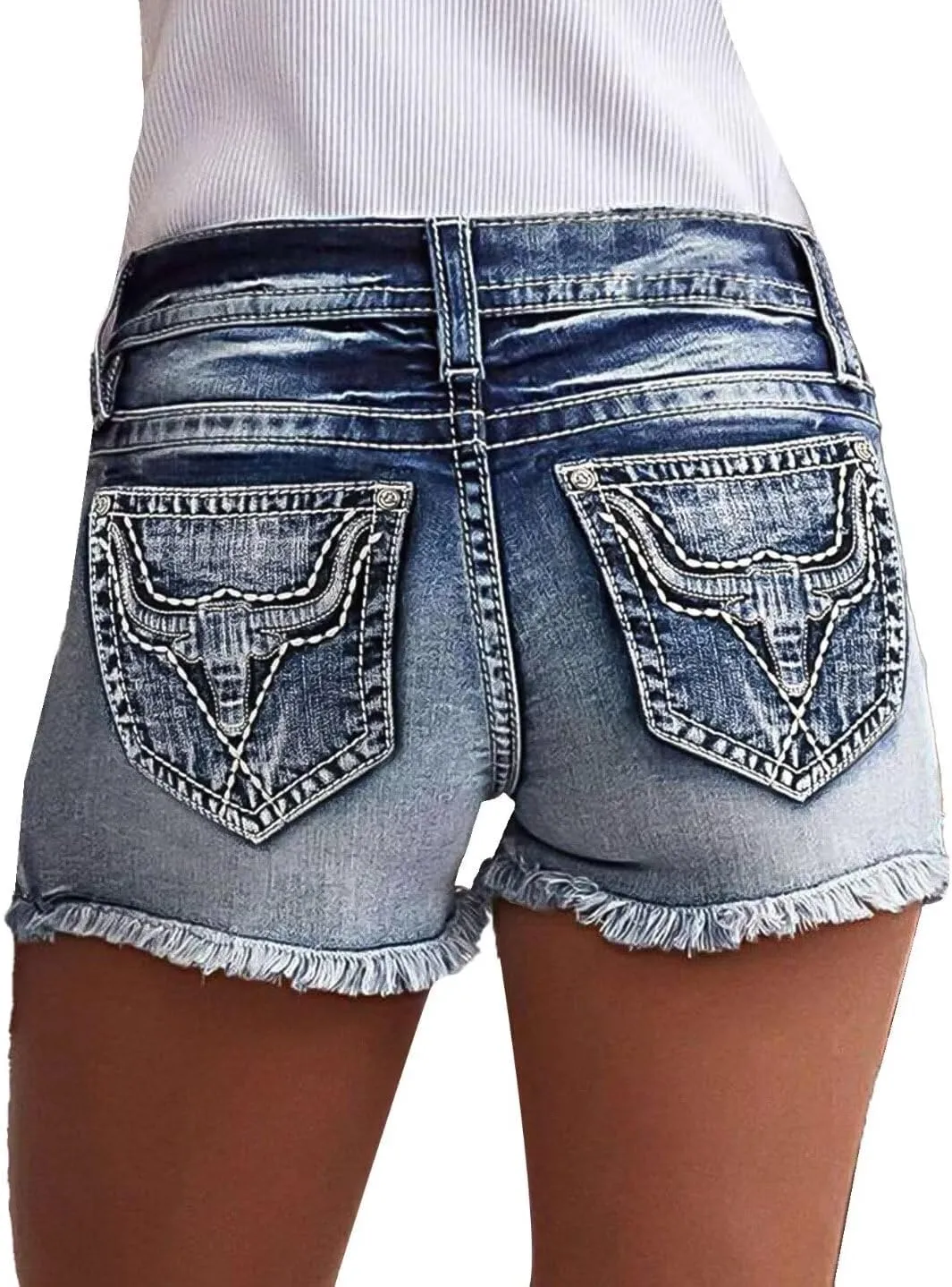 Flamingals Jean Shorts for Women Mid Waisted Stretchy Ripped Denim Shorts Raw Hem Curvy Summer Trendy