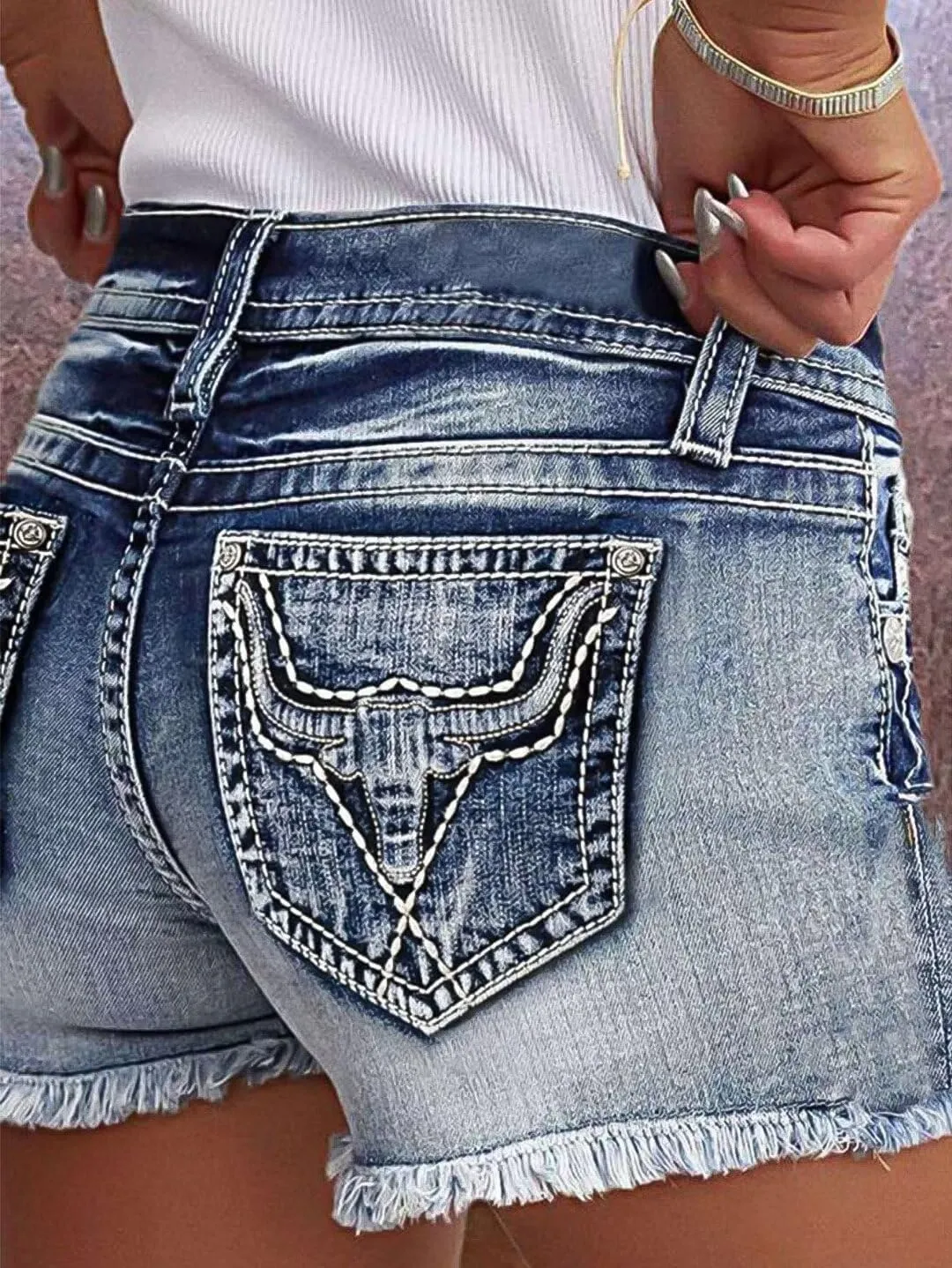 Flamingals Jean Shorts for Women Mid Waisted Stretchy Ripped Denim Shorts Raw Hem Curvy Summer Trendy