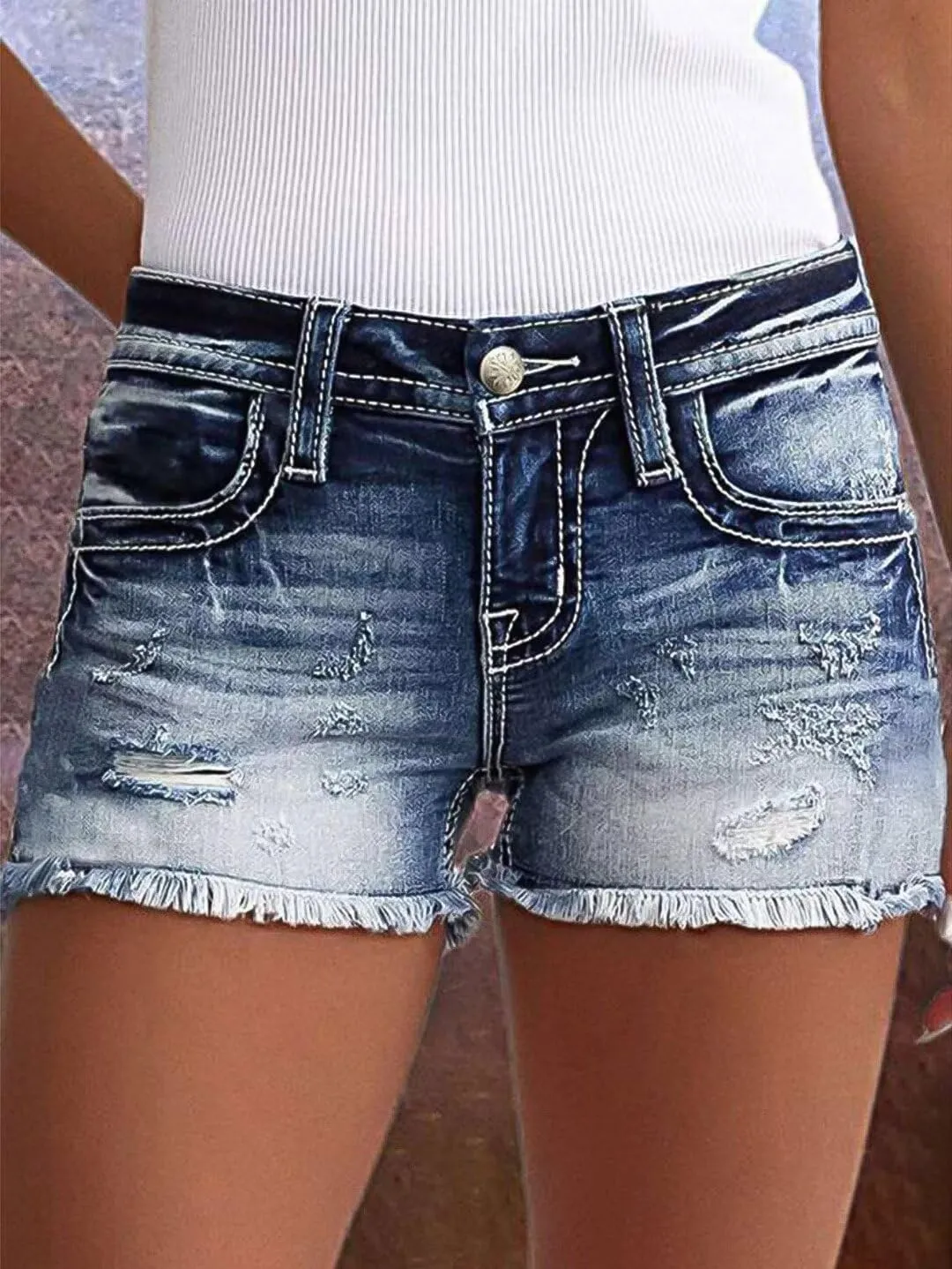 Flamingals Jean Shorts for Women Mid Waisted Stretchy Ripped Denim Shorts Raw Hem Curvy Summer Trendy