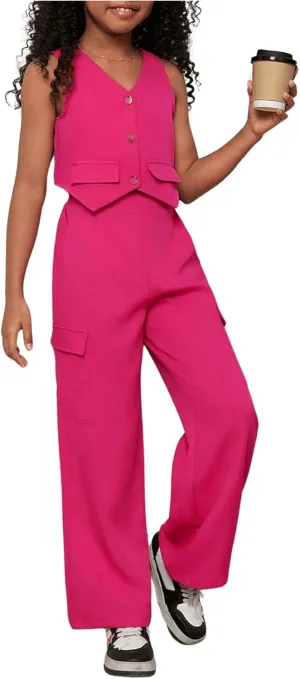 Floerns Girl's Summer Two Piece Sets Button Up Waistcoat Vests Cargo Pants Clothing Sets