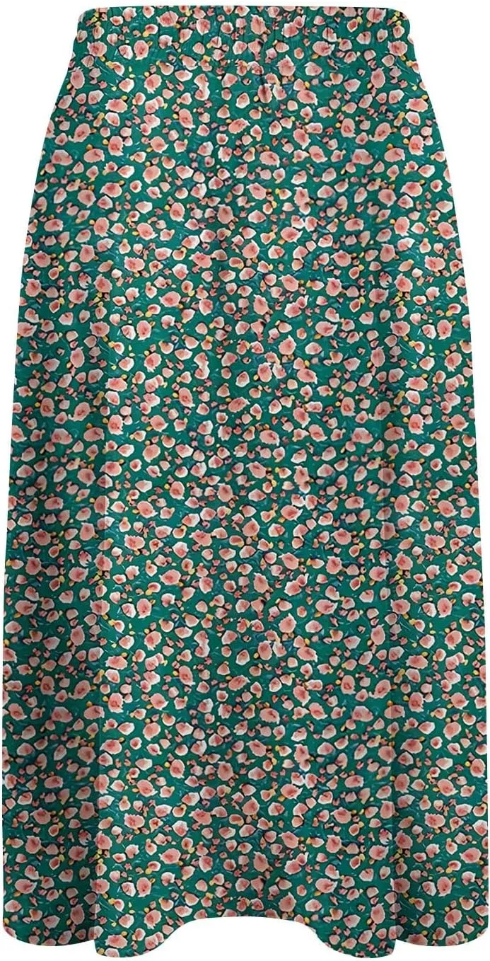 Floral Midi Skirt Women Flowy Elastic High Waisted Ladies Drawstring Dressy Casual Beach Boho Skirt 2025
