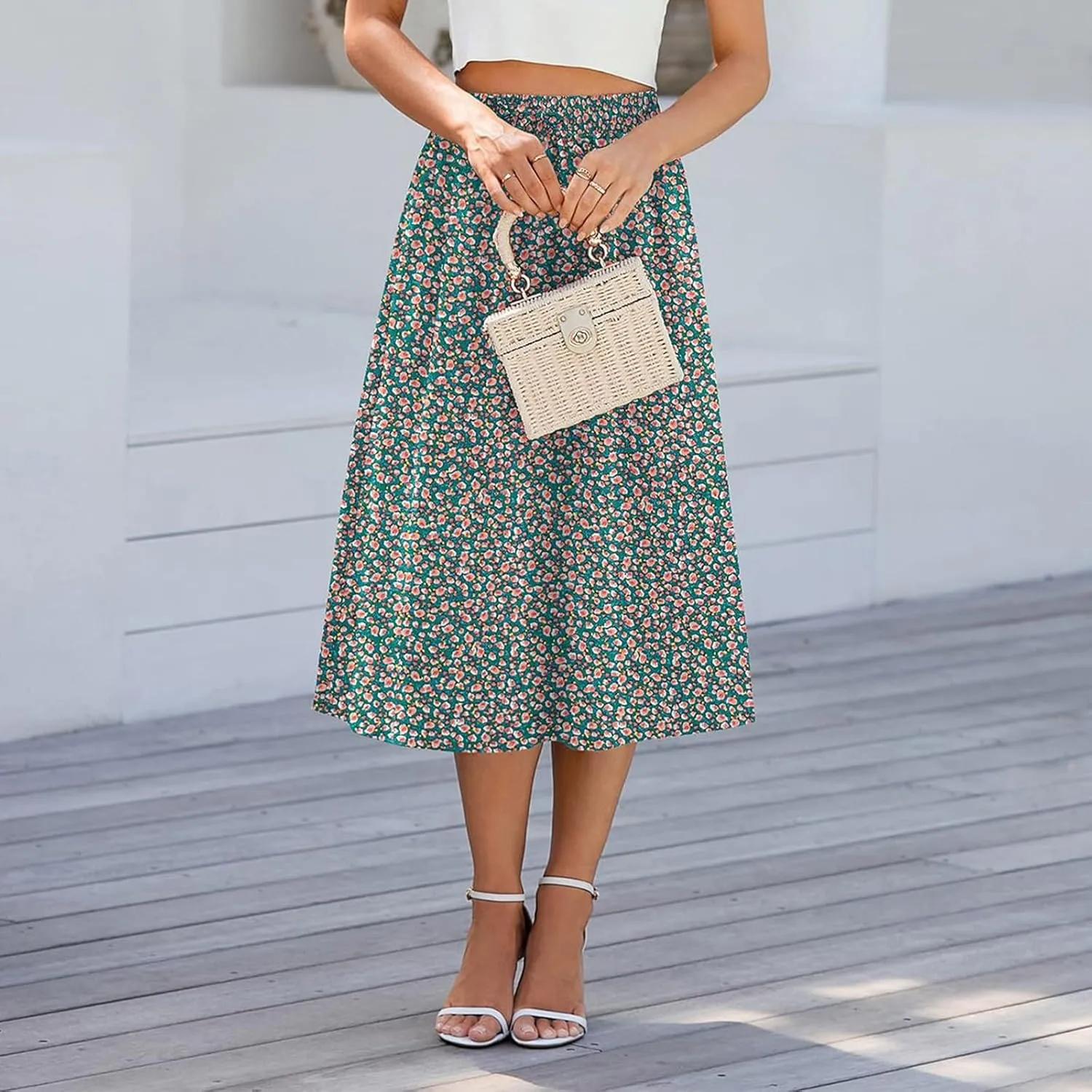 Floral Midi Skirt Women Flowy Elastic High Waisted Ladies Drawstring Dressy Casual Beach Boho Skirt 2025