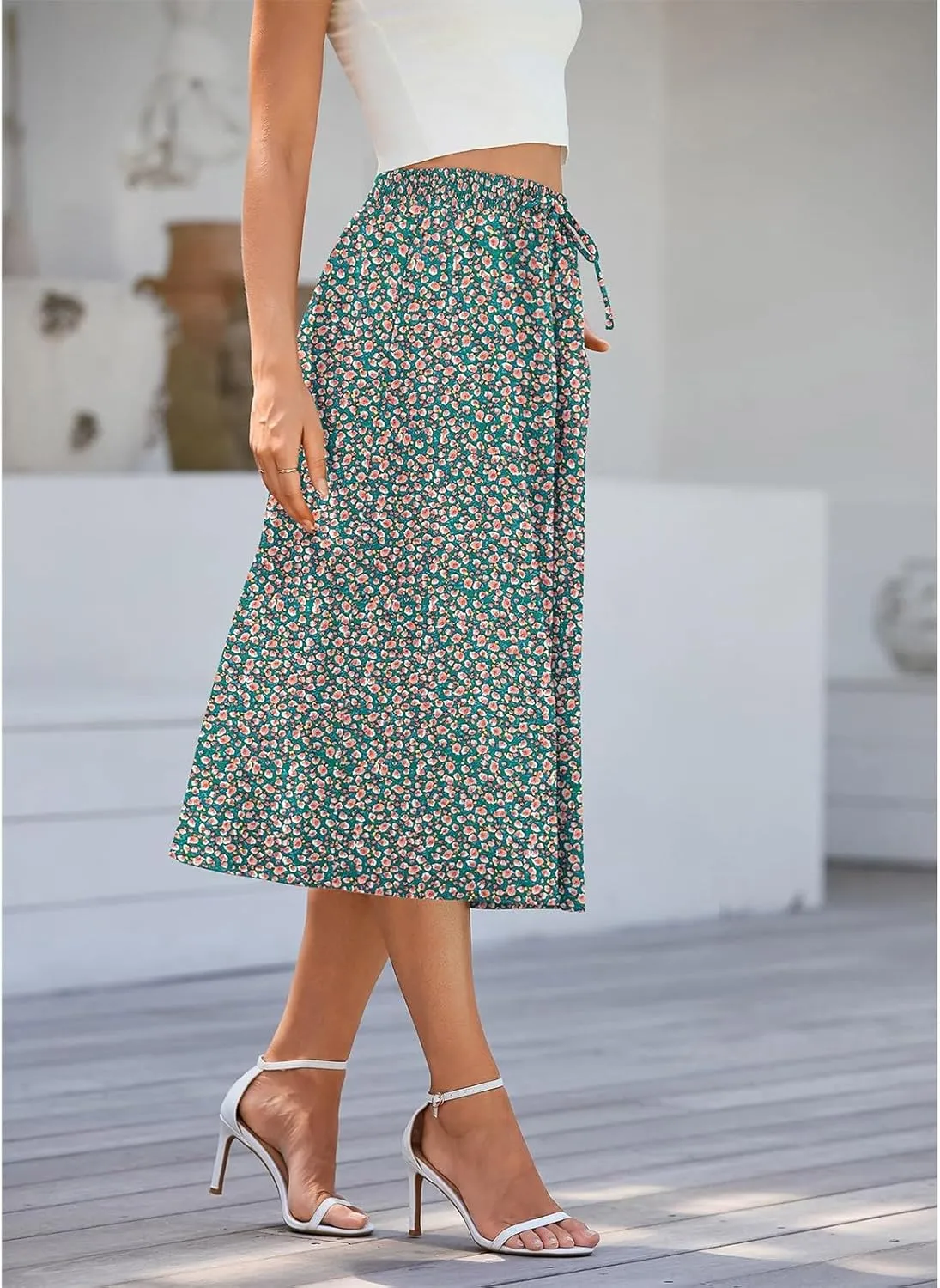 Floral Midi Skirt Women Flowy Elastic High Waisted Ladies Drawstring Dressy Casual Beach Boho Skirt 2025