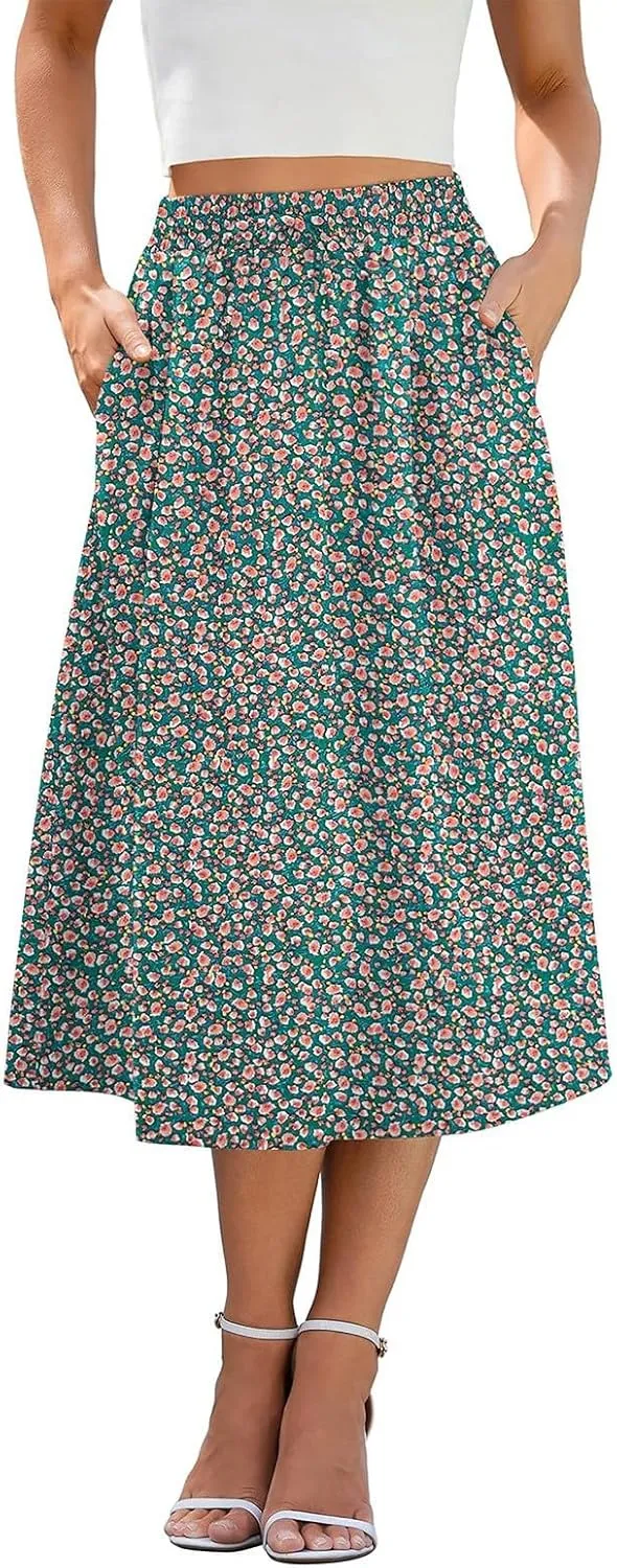 Floral Midi Skirt Women Flowy Elastic High Waisted Ladies Drawstring Dressy Casual Beach Boho Skirt 2025