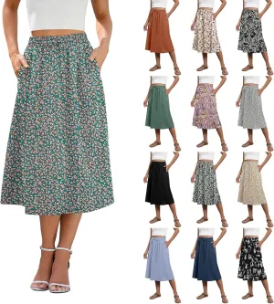 Floral Midi Skirt Women Flowy Elastic High Waisted Ladies Drawstring Dressy Casual Beach Boho Skirt 2025