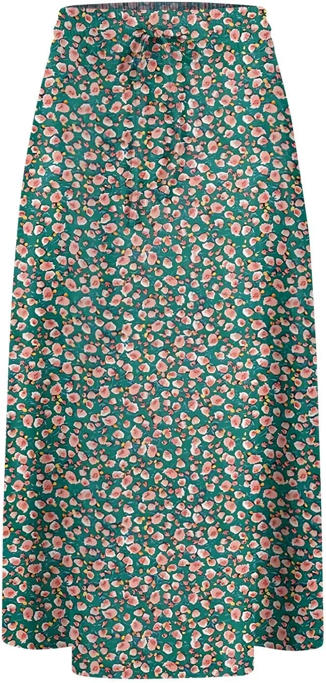 Floral Midi Skirt Women Flowy Elastic High Waisted Ladies Drawstring Dressy Casual Beach Boho Skirt 2025
