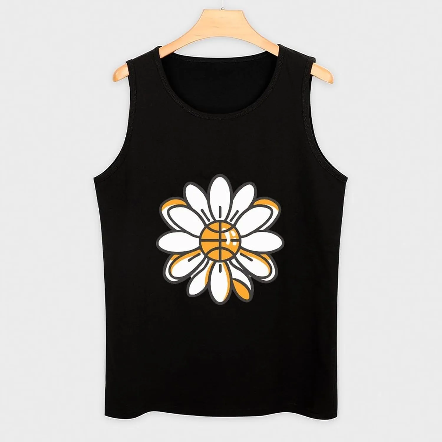 Flower Daisy Basketball Center Mens Tank Top Cotton Undershirt Crewneck Sleeveless Shirt for Summer
