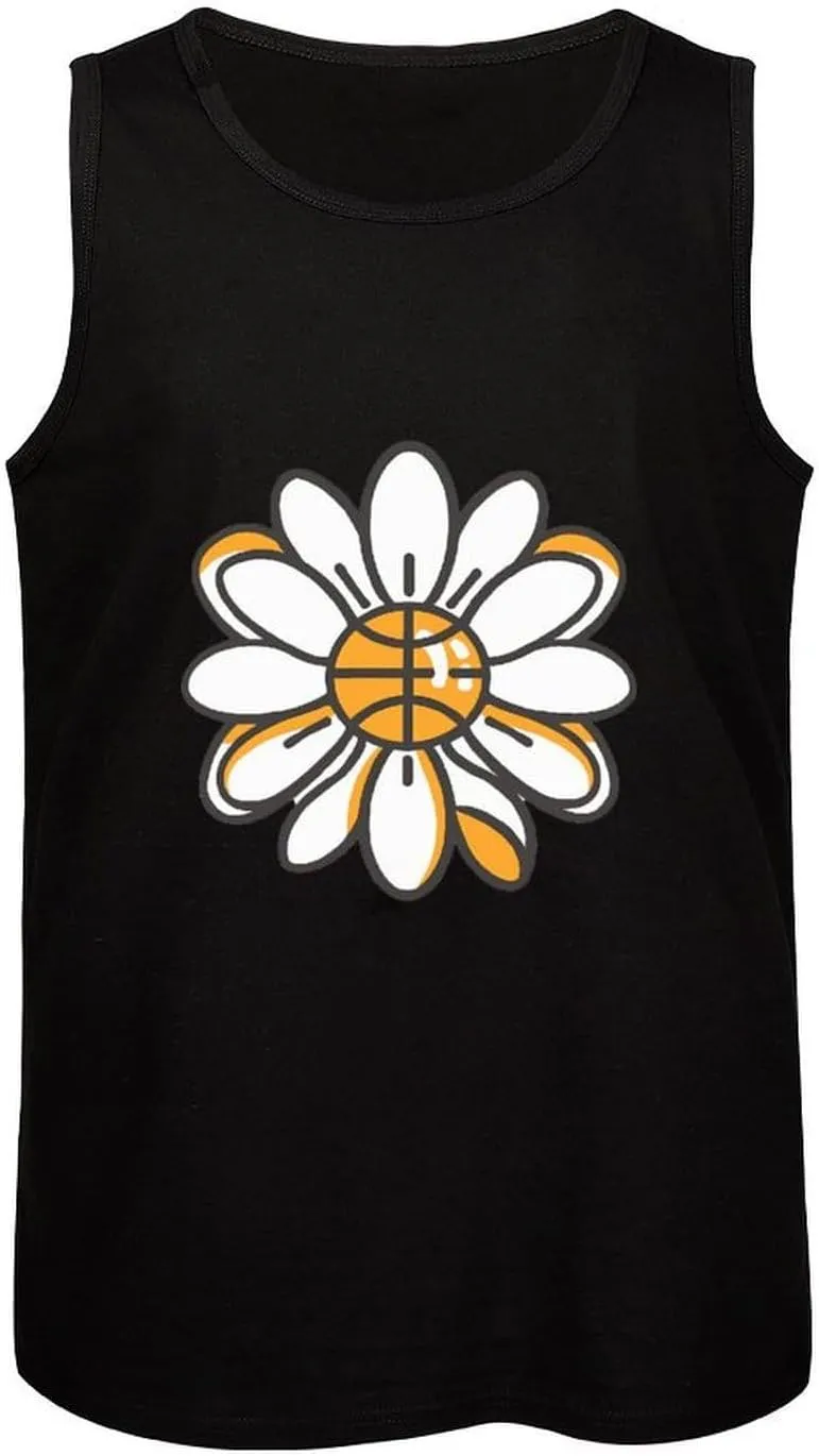 Flower Daisy Basketball Center Mens Tank Top Cotton Undershirt Crewneck Sleeveless Shirt for Summer