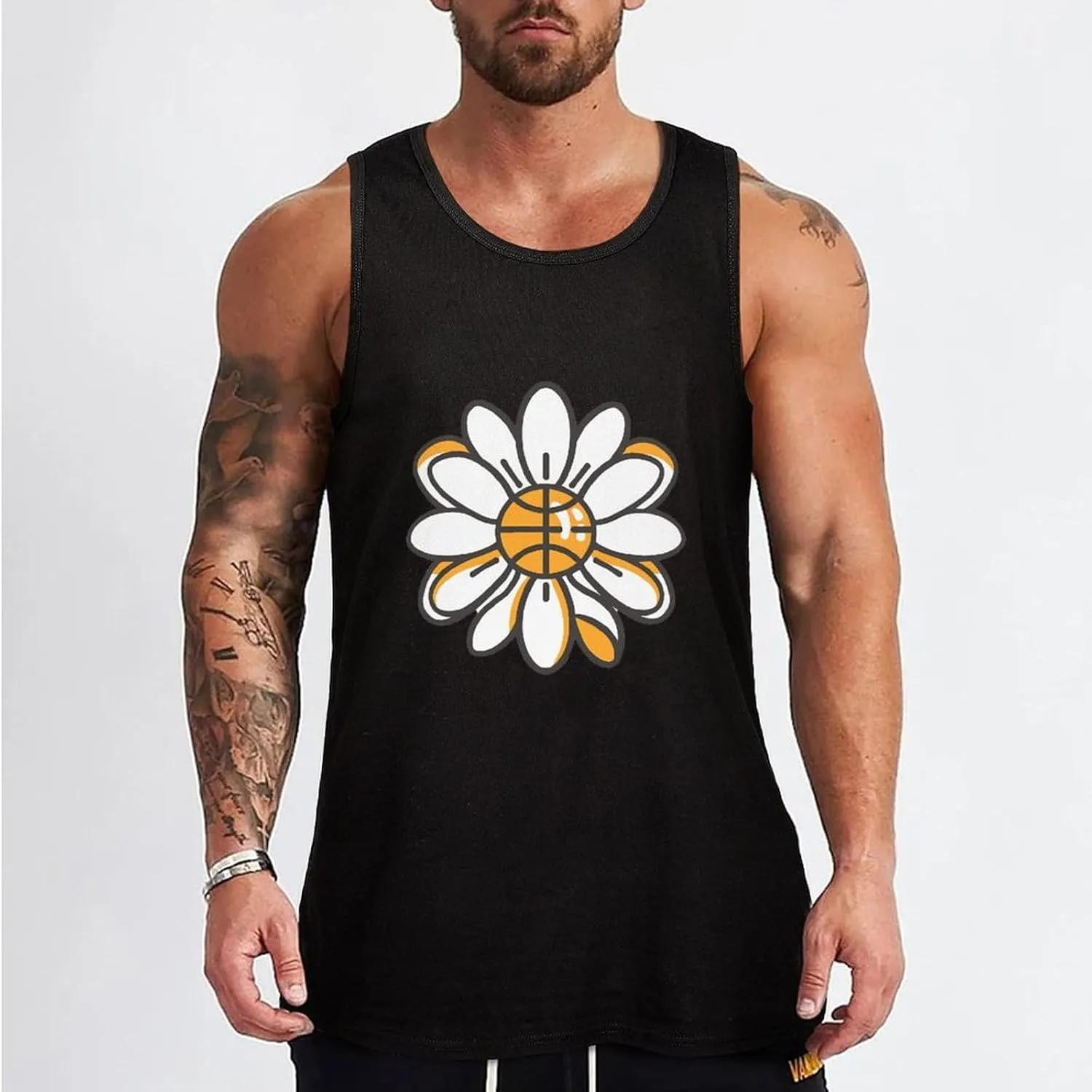Flower Daisy Basketball Center Mens Tank Top Cotton Undershirt Crewneck Sleeveless Shirt for Summer