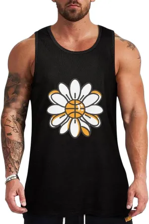 Flower Daisy Basketball Center Mens Tank Top Cotton Undershirt Crewneck Sleeveless Shirt for Summer