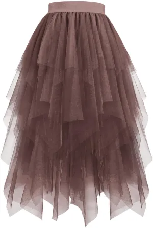 Flowy Skirts for Women Midi Mesh Tutu High Waisted A Line Dance Skirts Puffy Tulle Fairy Skirts Elegant Party Skirts