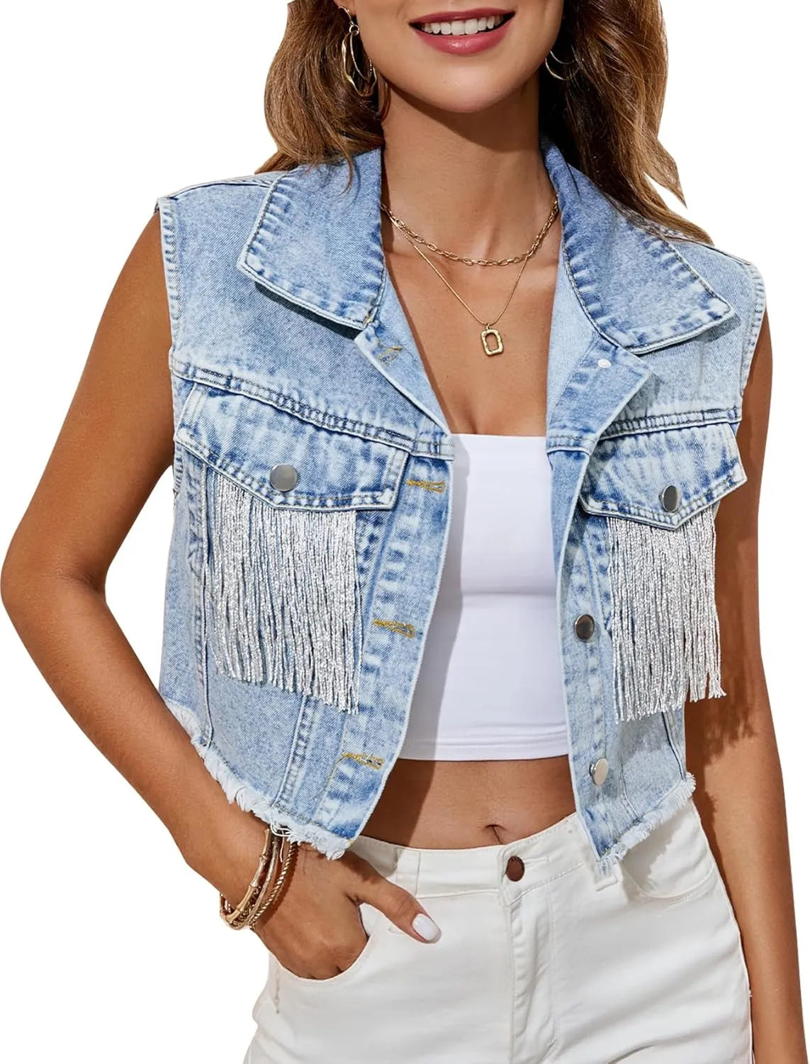 Flygo Womens Fringe Denim Vest Sleeveless Button Down Frayed Distressed Tassel Crop Jean Jacket Vests