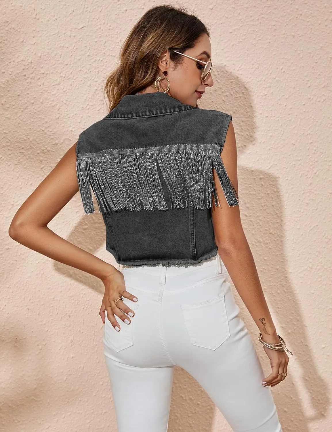 Flygo Womens Fringe Denim Vest Sleeveless Button Down Frayed Distressed Tassel Crop Jean Jacket Vests