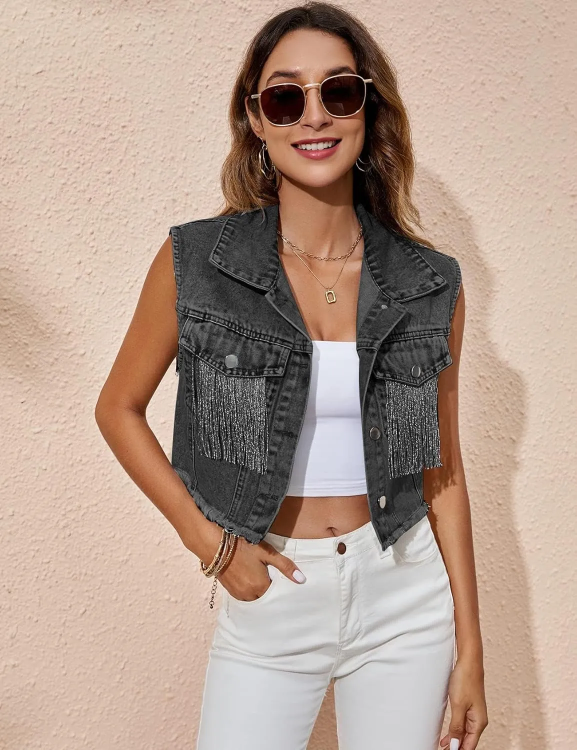 Flygo Womens Fringe Denim Vest Sleeveless Button Down Frayed Distressed Tassel Crop Jean Jacket Vests